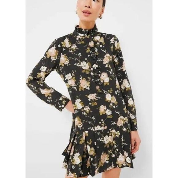 NWT Tuckernuck Midnight Garden Tate Floral Mini Winter Dress Black Cream XS - Picture 1 of 9